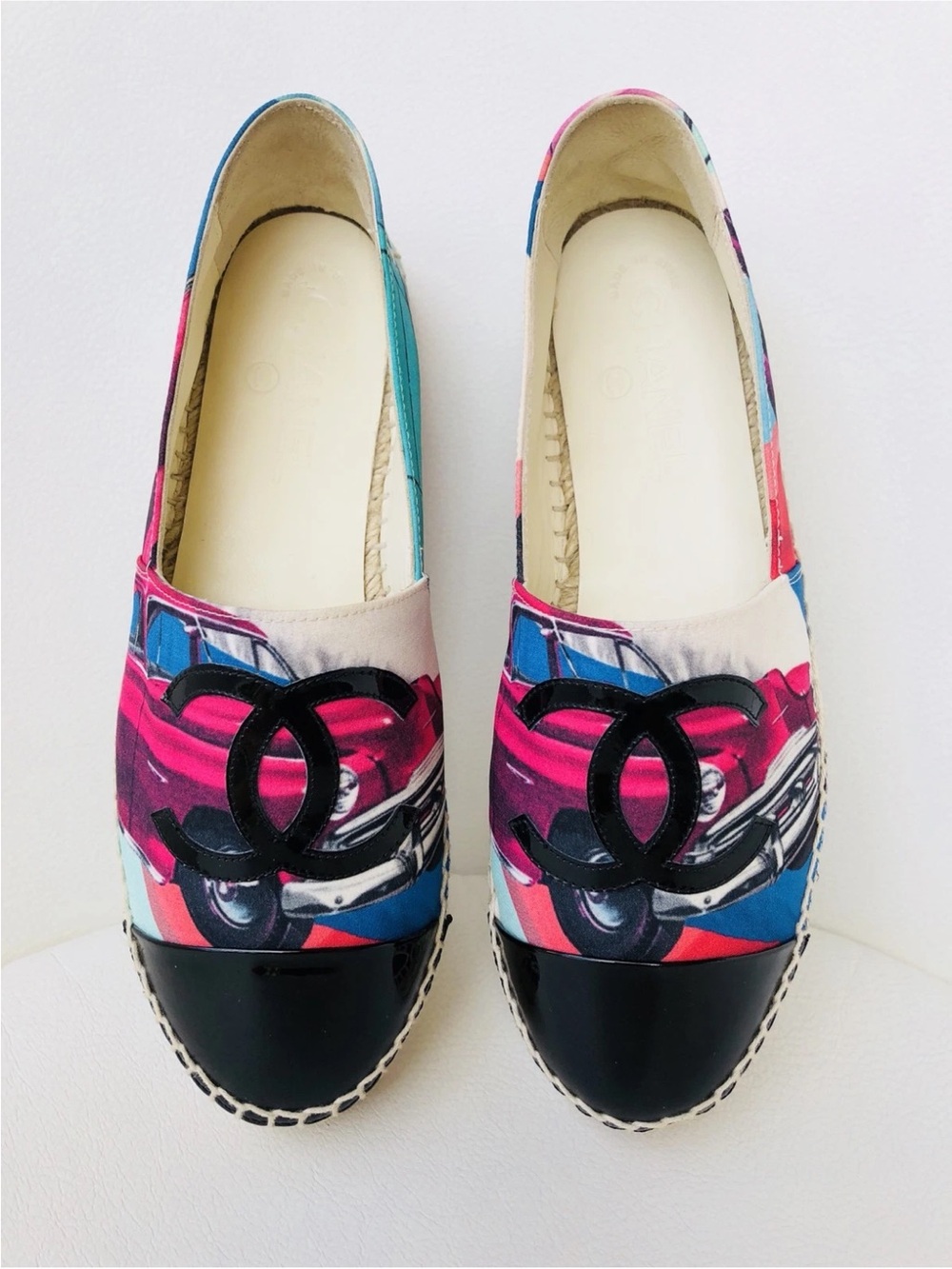 CHANEL MULTICOLOR CANVAS PINK BLACK PATENT LEATHER CAPTOE ESPADRILLE FLATS SZ 37
